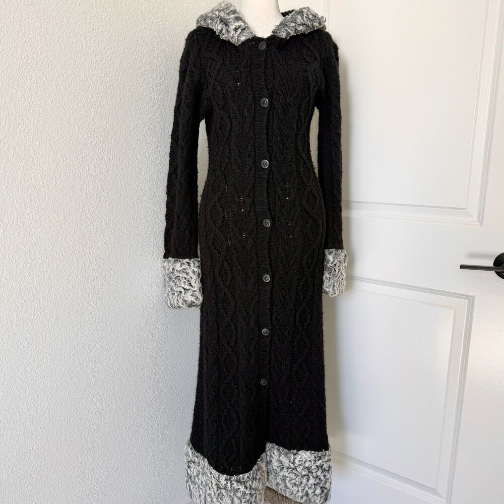 Evolution Black Long Button Up Cardigan w/ White Fur Trim Size M 90s Y2K RARE